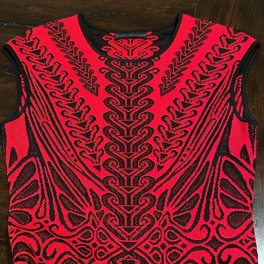 RVN Red and Black Abstract Fit and Flare Dress, Size Small